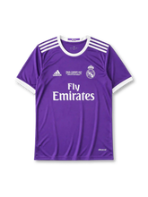 Real Madrid 2016-17 Champions League final away jersey, front view, purple body, white adidas three-stripe shoulder detailing, ringer collar and cuffs, Final Cardiff 2017 commemorative text, club crest, Fly Emirates sponsor logo, climacool label