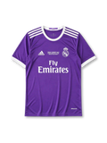 Real Madrid 2016-17 Champions League final away jersey, front view, purple body, white adidas three-stripe shoulder detailing, ringer collar and cuffs, Final Cardiff 2017 commemorative text, club crest, Fly Emirates sponsor logo, climacool label