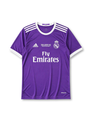 Real Madrid 2016-17 Champions League final away jersey, front view, purple body, white adidas three-stripe shoulder detailing, ringer collar and cuffs, Final Cardiff 2017 commemorative text, club crest, Fly Emirates sponsor logo, climacool label