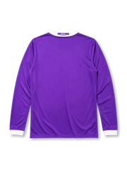 Real Madrid 2016-17 Champions League final away long sleeve jersey, front view, purple body, white adidas three-stripe long sleeve detailing, ringer collar and cuffs, Final Cardiff 2017 commemorative text, club crest, Fly Emirates sponsor logo, climacool label