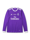Real Madrid 2016-17 Champions League final away long sleeve jersey, front view, purple body, white adidas three-stripe long sleeve detailing, ringer collar and cuffs, Final Cardiff 2017 commemorative text, club crest, Fly Emirates sponsor logo, climacool label