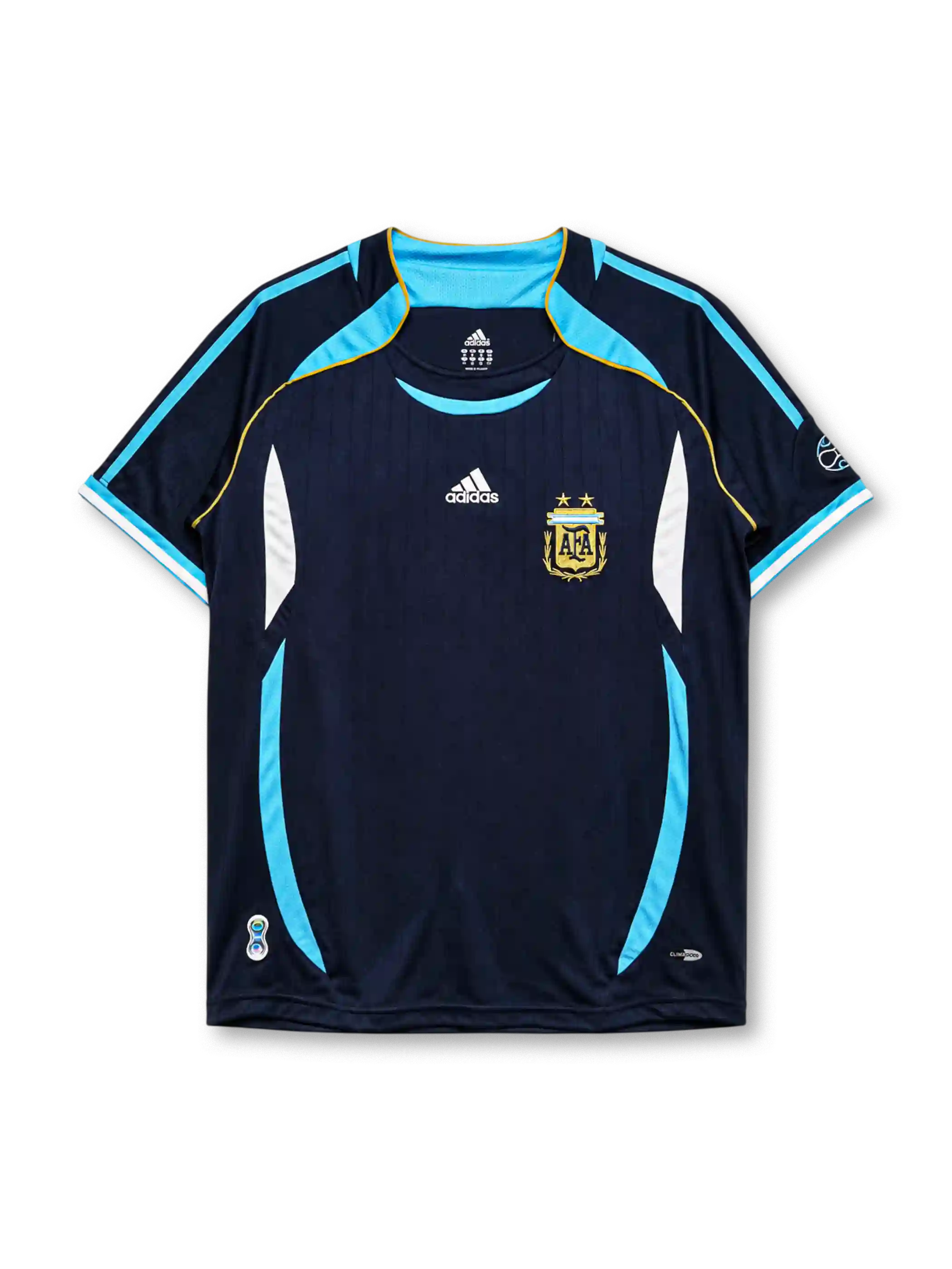 Argentina 2006 World Cup away jersey, front view, navy body with pinstripes, sky blue curved side panels, sky blue V-neck collar, adidas logo, AFA crest with two stars, World Cup sleeve emblem