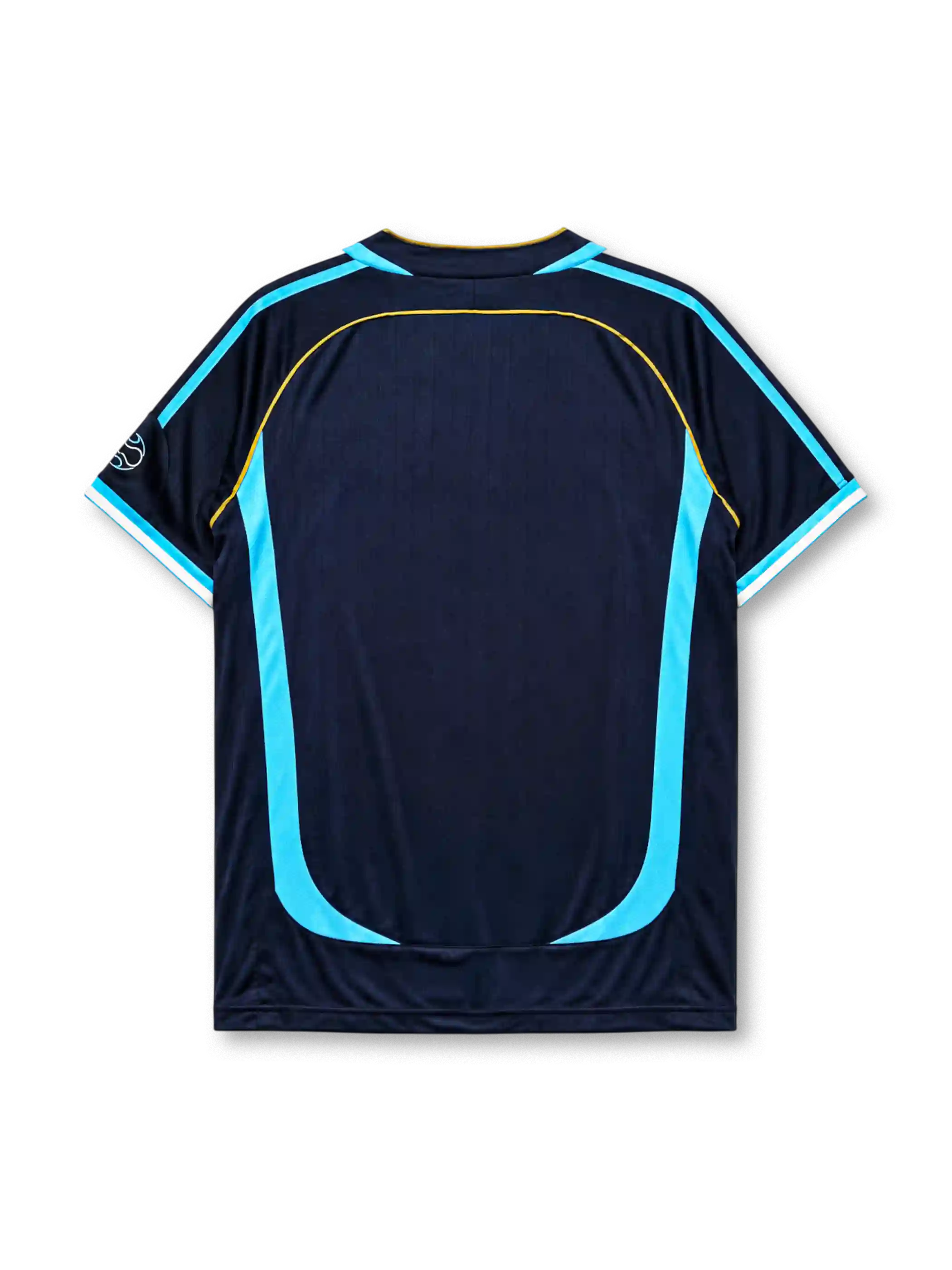 Argentina 2006 World Cup away jersey, front view, navy body with pinstripes, sky blue curved side panels, sky blue V-neck collar, adidas logo, AFA crest with two stars, World Cup sleeve emblem