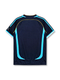 Argentina 2006 World Cup away jersey, front view, navy body with pinstripes, sky blue curved side panels, sky blue V-neck collar, adidas logo, AFA crest with two stars, World Cup sleeve emblem