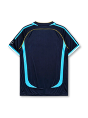 Argentina 2006 World Cup away jersey, front view, navy body with pinstripes, sky blue curved side panels, sky blue V-neck collar, adidas logo, AFA crest with two stars, World Cup sleeve emblem