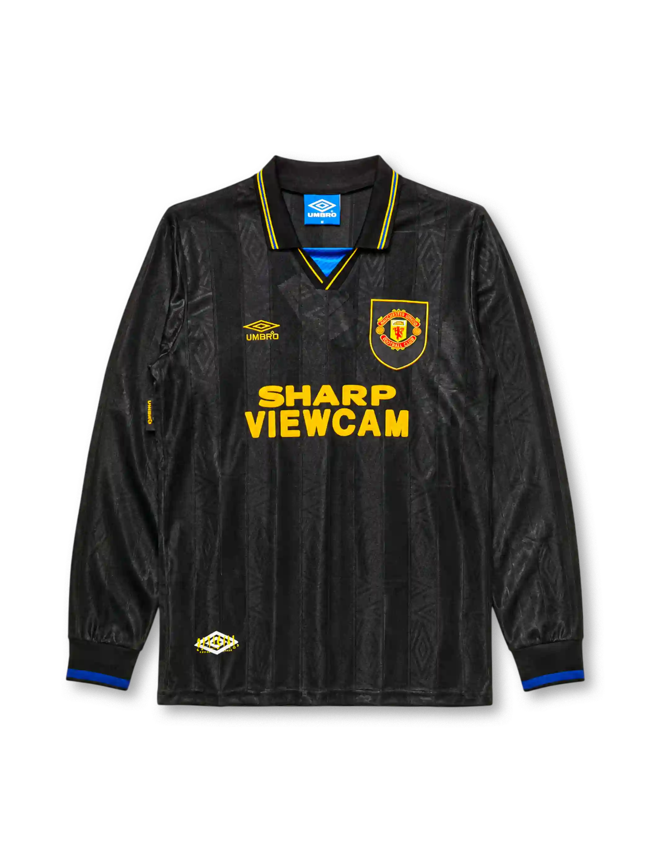 Manchester United 1993-94 away long sleeve jersey, front view, black body with tonal diamond jacquard pattern, gold and blue striped collar, Umbro diamond logo, club crest, SHARP Viewcam sponsor logo, gold and blue diamond cuffs