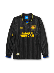 Manchester United 1993-94 away long sleeve jersey, front view, black body with tonal diamond jacquard pattern, gold and blue striped collar, Umbro diamond logo, club crest, SHARP Viewcam sponsor logo, gold and blue diamond cuffs