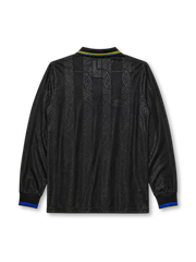 Manchester United 1993-94 away long sleeve jersey, front view, black body with tonal diamond jacquard pattern, gold and blue striped collar, Umbro diamond logo, club crest, SHARP Viewcam sponsor logo, gold and blue diamond cuffs