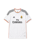 Real Madrid 2013-14 home jersey, front view, white body, grey adidas three-stripe shoulder detailing, orange piping, crew neck collar, adidas logo, club crest, Fly Emirates sponsor logo, climacool label