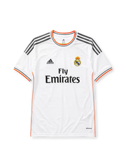 Real Madrid 2013-14 home jersey, front view, white body, grey adidas three-stripe shoulder detailing, orange piping, crew neck collar, adidas logo, club crest, Fly Emirates sponsor logo, climacool label