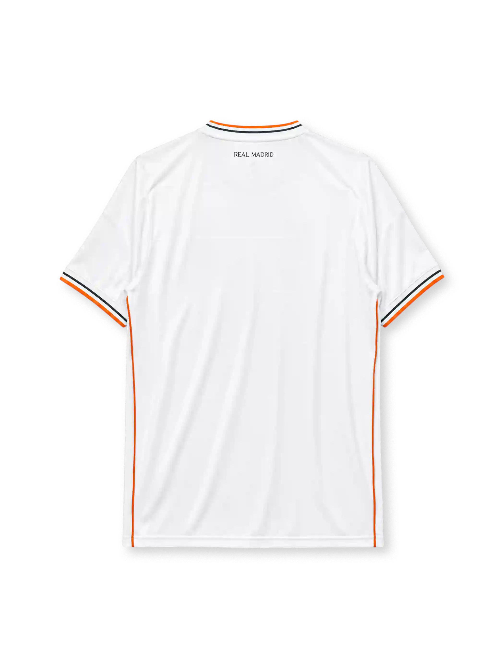 Real Madrid 2013-14 home jersey, front view, white body, grey adidas three-stripe shoulder detailing, orange piping, crew neck collar, adidas logo, club crest, Fly Emirates sponsor logo, climacool label