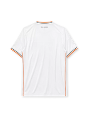 Real Madrid 2013-14 home jersey, front view, white body, grey adidas three-stripe shoulder detailing, orange piping, crew neck collar, adidas logo, club crest, Fly Emirates sponsor logo, climacool label