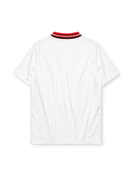 Turkey 1996 Euro away jersey, front view, white body with red paint-splatter shoulder and placket design, red point collar with black and white stripes, adidas wordmark, Turkish Football Federation crest
