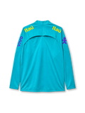 Brazil 2022-23 training top, front view, teal body with black geometric panels, quarter-zip funnel collar, Nike swoosh, CBF Brasil crest with five stars, Itaú sponsor text, Guaraná Antarctica sponsor logo, purple sleeve graphics