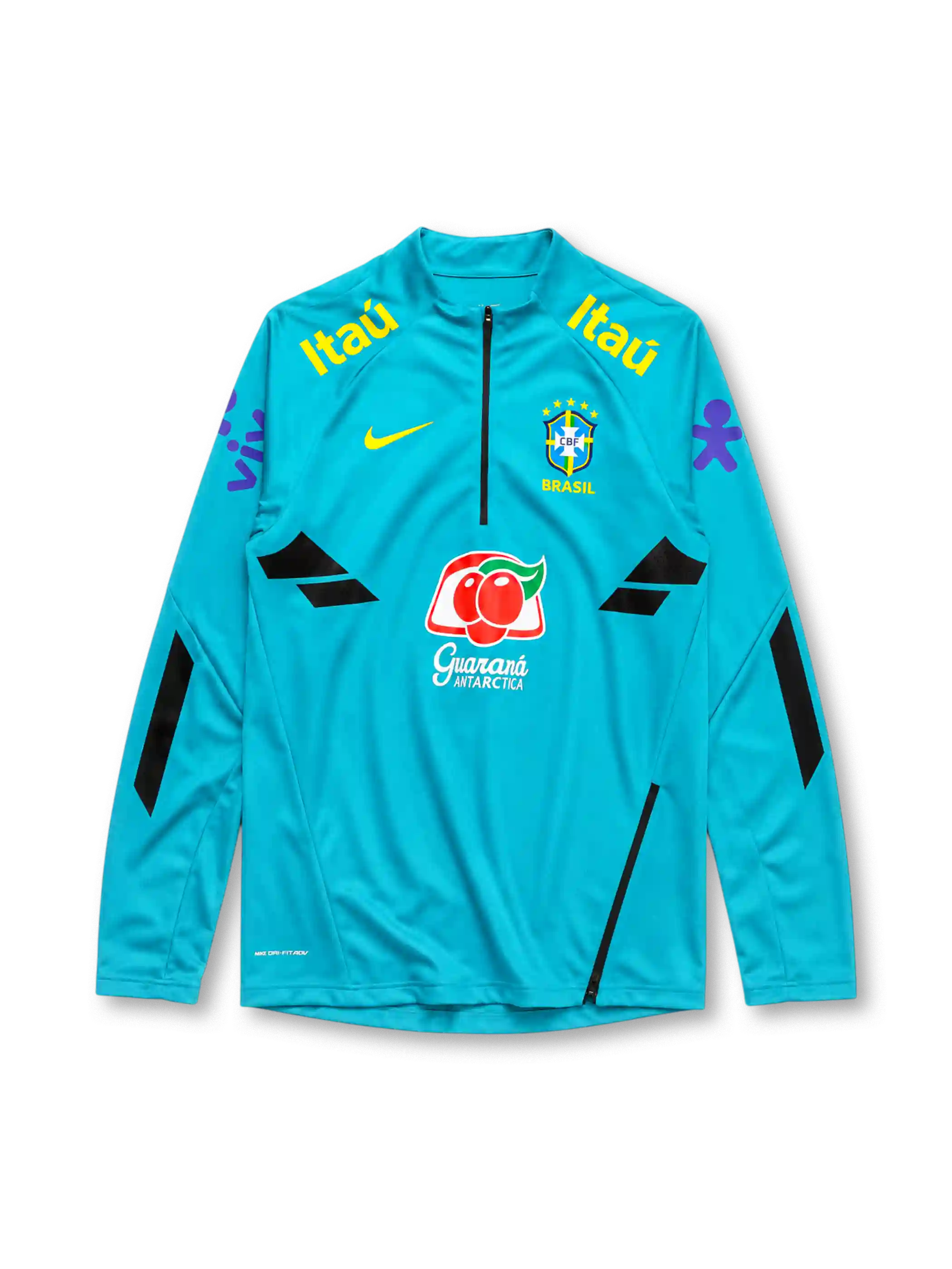 Brazil 2022-23 training top, front view, teal body with black geometric panels, quarter-zip funnel collar, Nike swoosh, CBF Brasil crest with five stars, Itaú sponsor text, Guaraná Antarctica sponsor logo, purple sleeve graphics