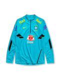 Brazil 2022-23 training top, front view, teal body with black geometric panels, quarter-zip funnel collar, Nike swoosh, CBF Brasil crest with five stars, Itaú sponsor text, Guaraná Antarctica sponsor logo, purple sleeve graphics