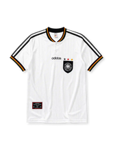 Germany 1996 Euro home jersey, front view, white body with black mesh shoulder stripes, flag-colored trim, button-up collar, adidas wordmark, three championship stars, German Football Association crest