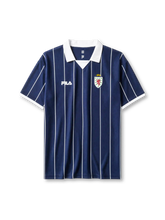 Scotland 2002 home jersey, front view, navy body with white pinstripes, white point collar and cuffs, FILA wordmark, Scottish Football Association lion rampant crest