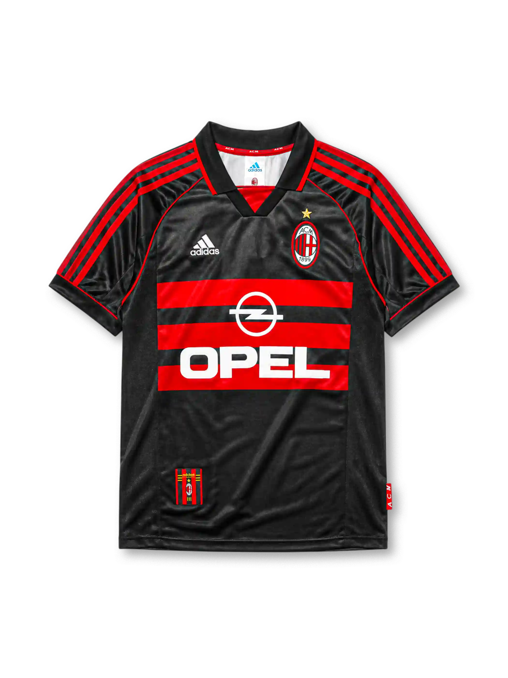 AC Milan 1998-99 third jersey, front view, black body with red hooped chest stripes, adidas three-stripe shoulder detailing, championship star, adidas logo, club crest, Opel sponsor logo