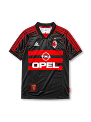 AC Milan 1998-99 third jersey, front view, black body with red hooped chest stripes, adidas three-stripe shoulder detailing, championship star, adidas logo, club crest, Opel sponsor logo