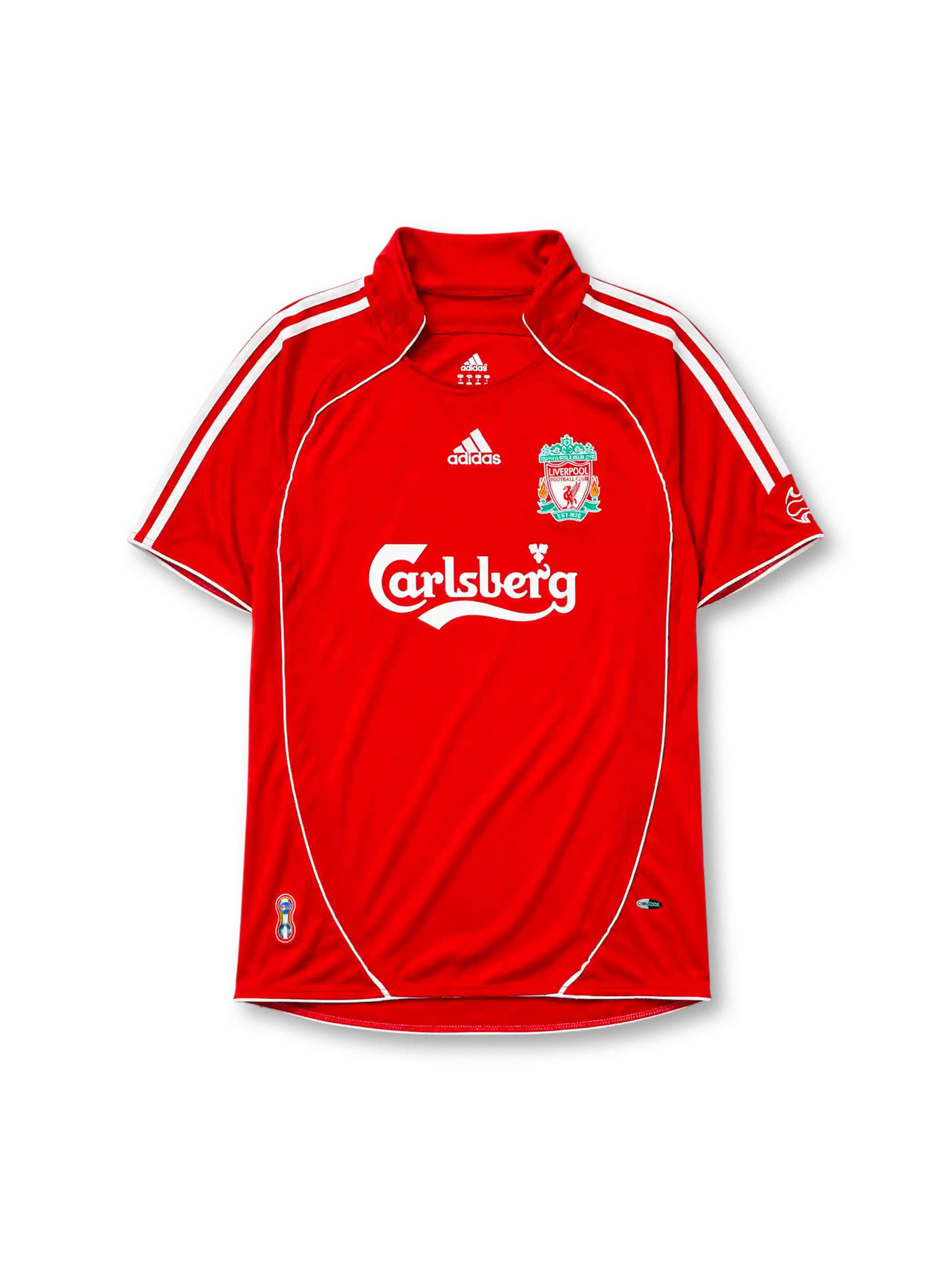 Liverpool 2006-07 home jersey, front view, red body with white piping, funnel collar, adidas three-stripe shoulder detailing, adidas logo, club crest, Carlsberg sponsor logo