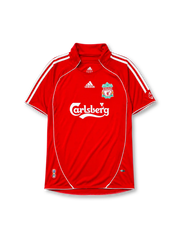 Liverpool 2006-07 home jersey, front view, red body with white piping, funnel collar, adidas three-stripe shoulder detailing, adidas logo, club crest, Carlsberg sponsor logo