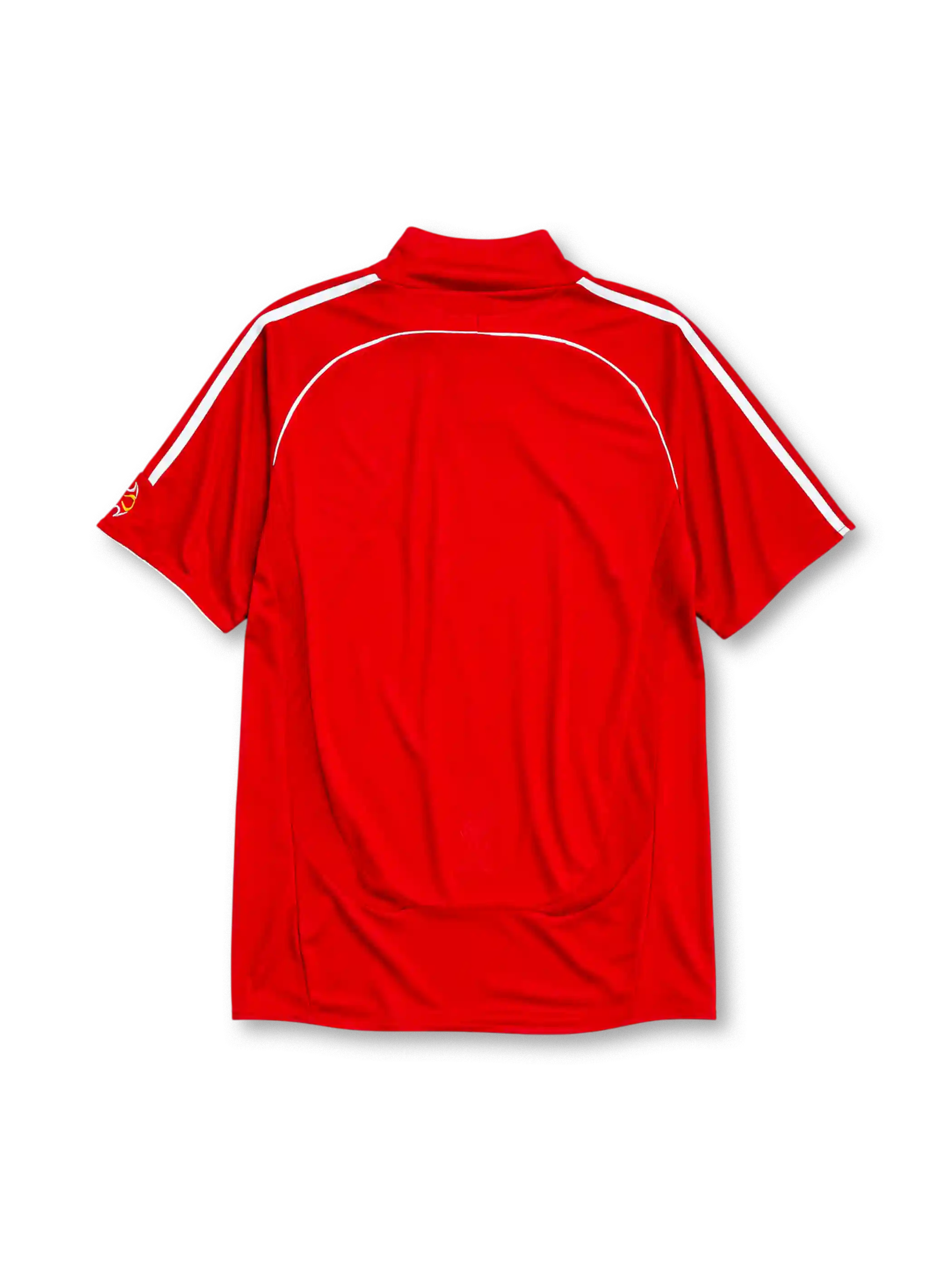 Liverpool 2006-07 home jersey, front view, red body with white piping, funnel collar, adidas three-stripe shoulder detailing, adidas logo, club crest, Carlsberg sponsor logo