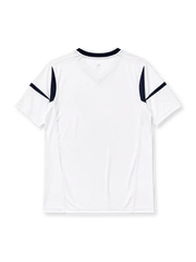 LA Galaxy 2012 home jersey, front view, white body with navy diagonal diamond-pattern sash, adidas three-stripe shoulder detailing, MLS Cup Champion patch, MLS league patch, club crest, Herbalife sponsor logo