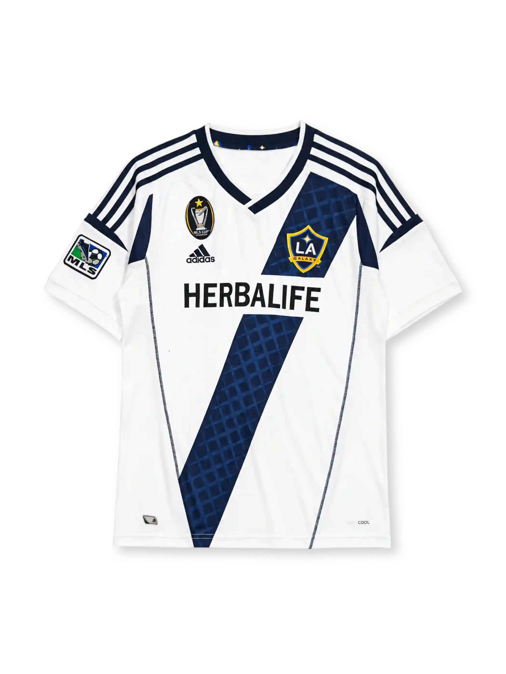 LA Galaxy 2012 home jersey, front view, white body with navy diagonal diamond-pattern sash, adidas three-stripe shoulder detailing, MLS Cup Champion patch, MLS league patch, club crest, Herbalife sponsor logo