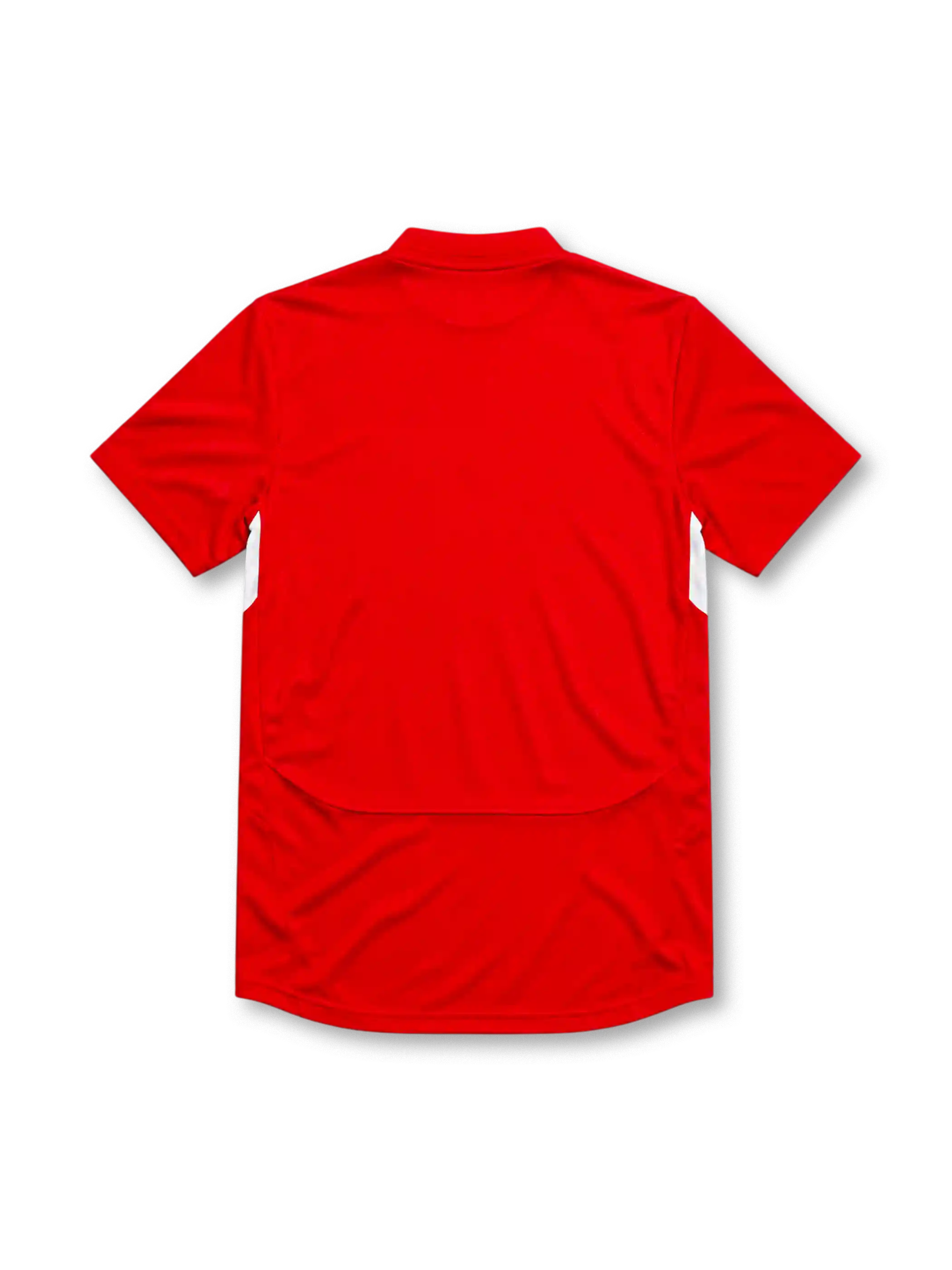 Liverpool 2004-05 Champions League final home jersey, front view, red body with white underarm panels, funnel collar, Reebok logo, Istanbul 2005 commemorative text, club crest, Carlsberg sponsor logo