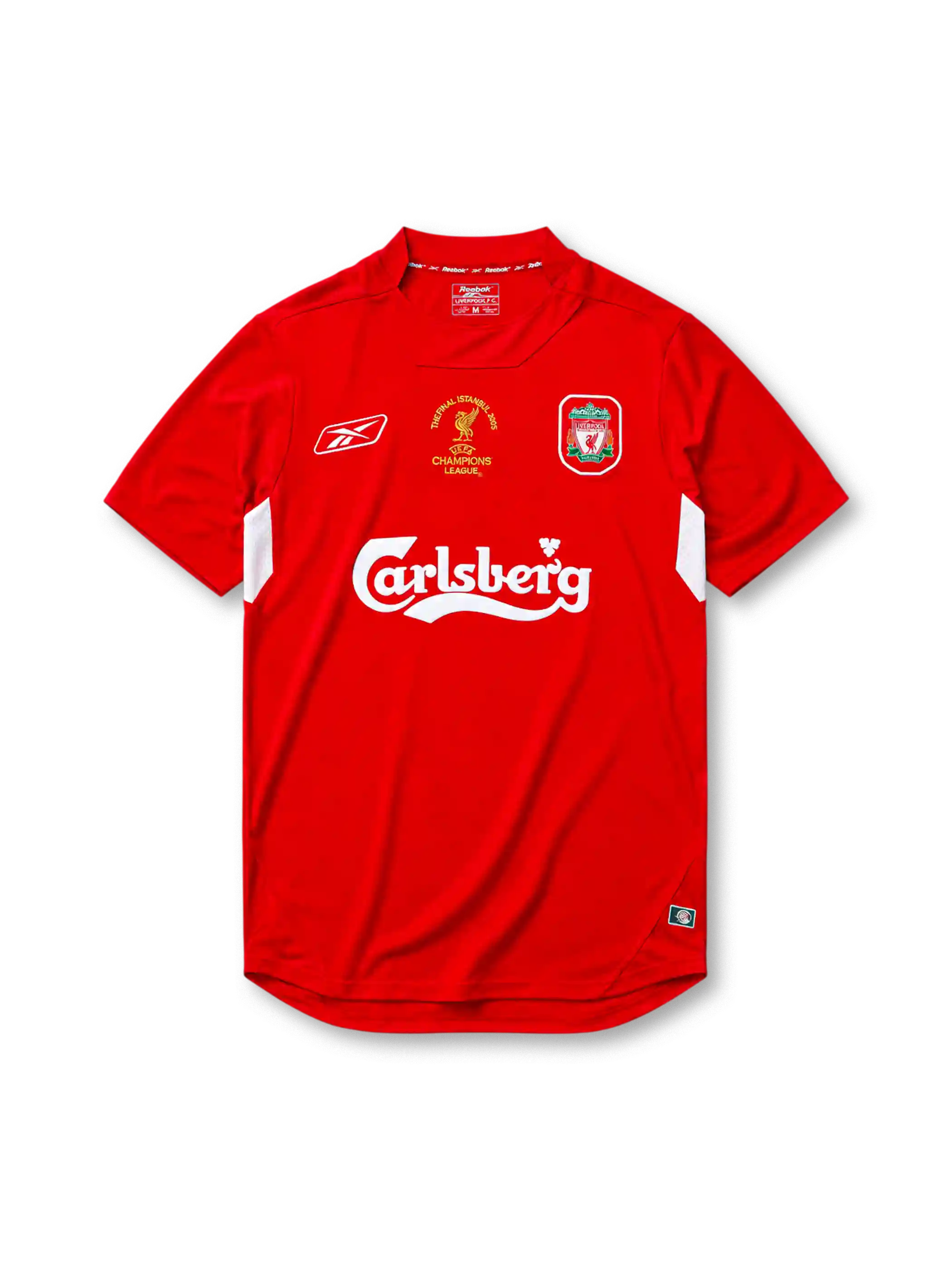 Liverpool 2004-05 Champions League final home jersey, front view, red body with white underarm panels, funnel collar, Reebok logo, Istanbul 2005 commemorative text, club crest, Carlsberg sponsor logo