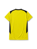 Liverpool 2004-05 away jersey, front view, yellow body with black honeycomb pattern, black V-neck collar, Reebok logo, club crest, Carlsberg sponsor logo