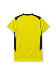 Liverpool 2004-05 away jersey, front view, yellow body with black honeycomb pattern, black V-neck collar, Reebok logo, club crest, Carlsberg sponsor logo