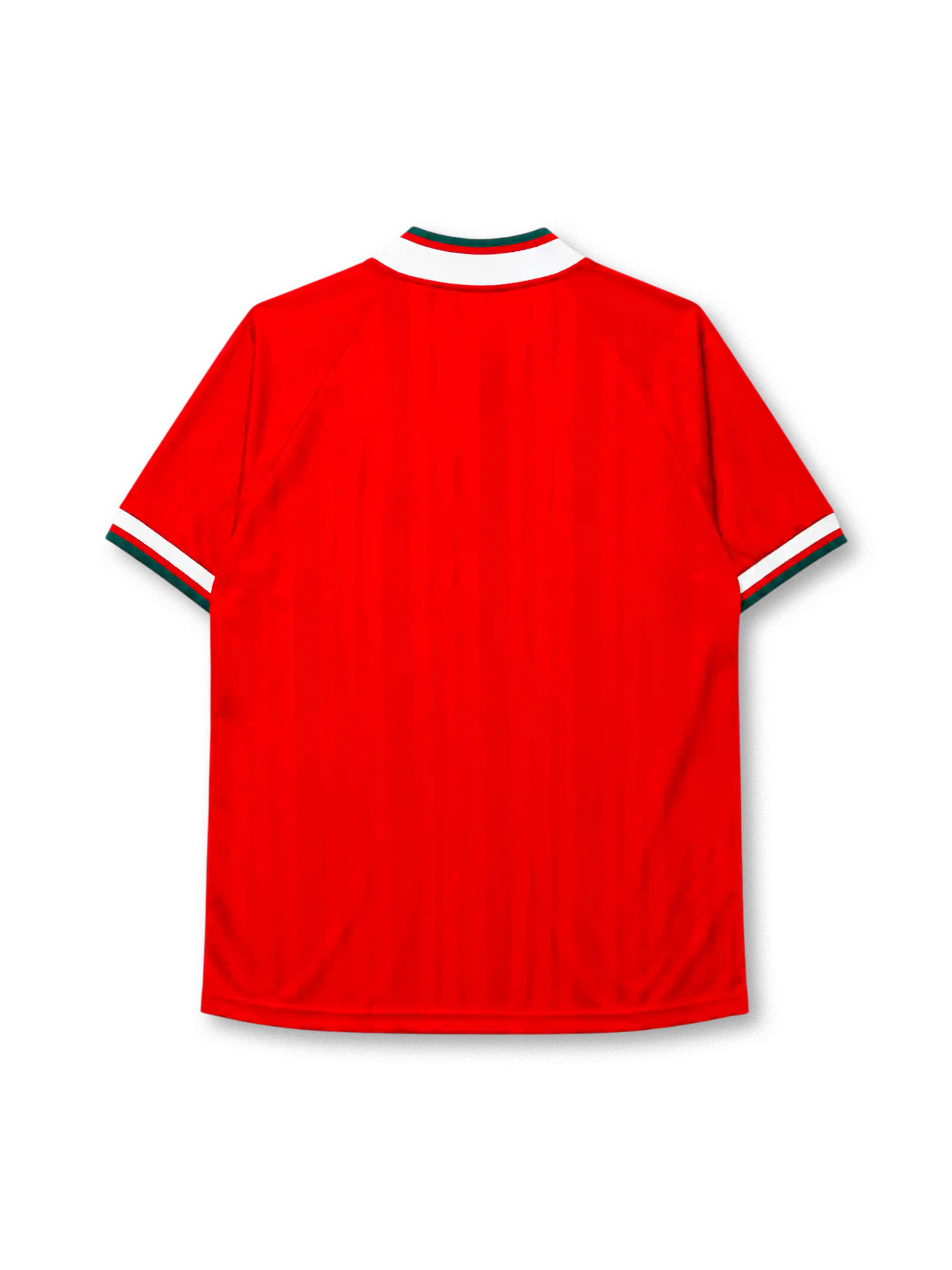 Liverpool 1993-95 home jersey, front view, red body with white diagonal chevron stripes, white V-neck collar with green and red trim, adidas Equipment wordmark, club crest, Carlsberg sponsor logo, striped cuffs