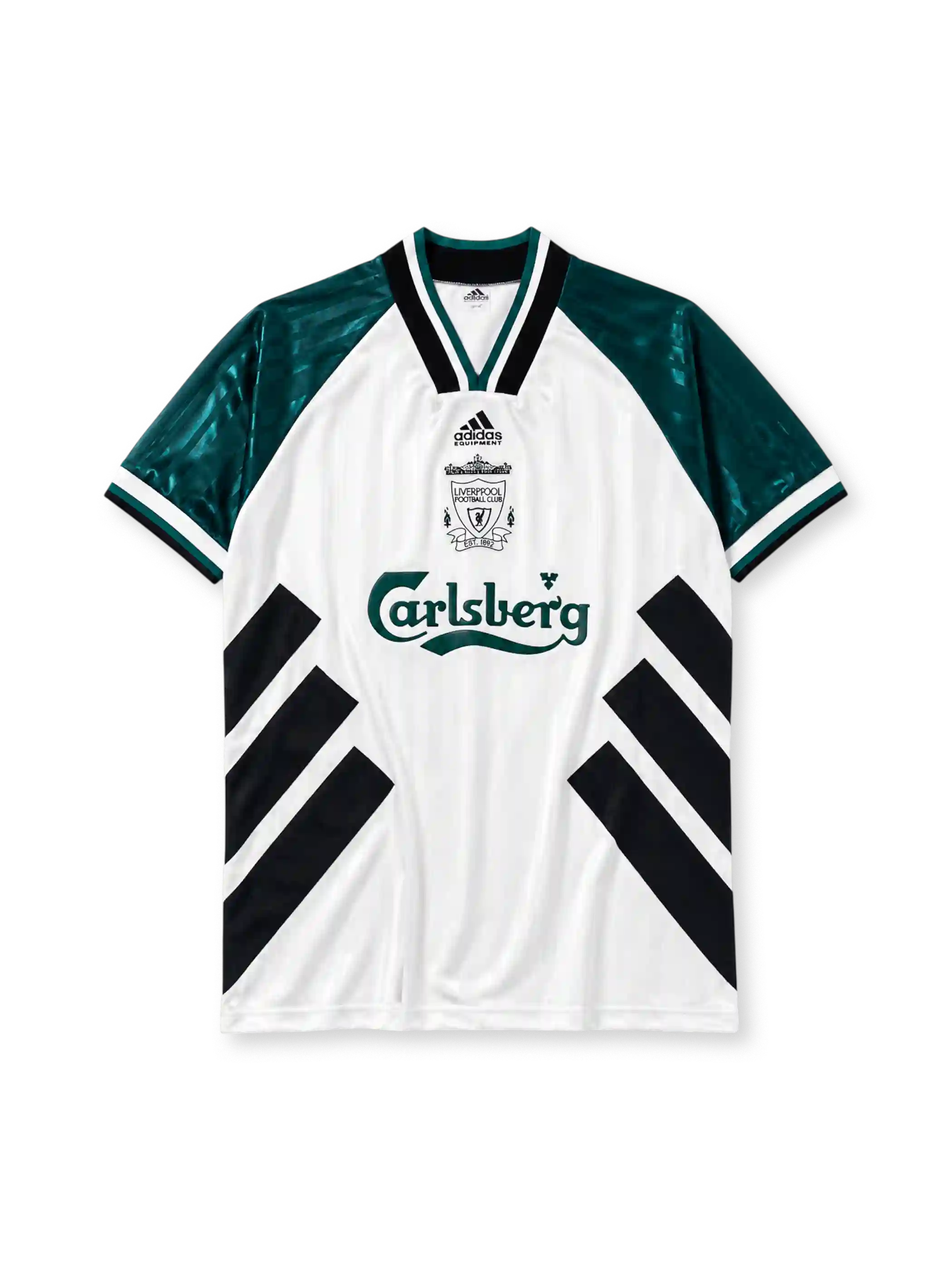 Liverpool 1993-95 away jersey, front view, white body with black diagonal chevron stripes, green tonal jacquard sleeves, V-neck collar, adidas Equipment wordmark, club crest, Carlsberg sponsor logo, striped cuffs