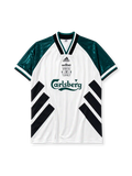 Liverpool 1993-95 away jersey, front view, white body with black diagonal chevron stripes, green tonal jacquard sleeves, V-neck collar, adidas Equipment wordmark, club crest, Carlsberg sponsor logo, striped cuffs