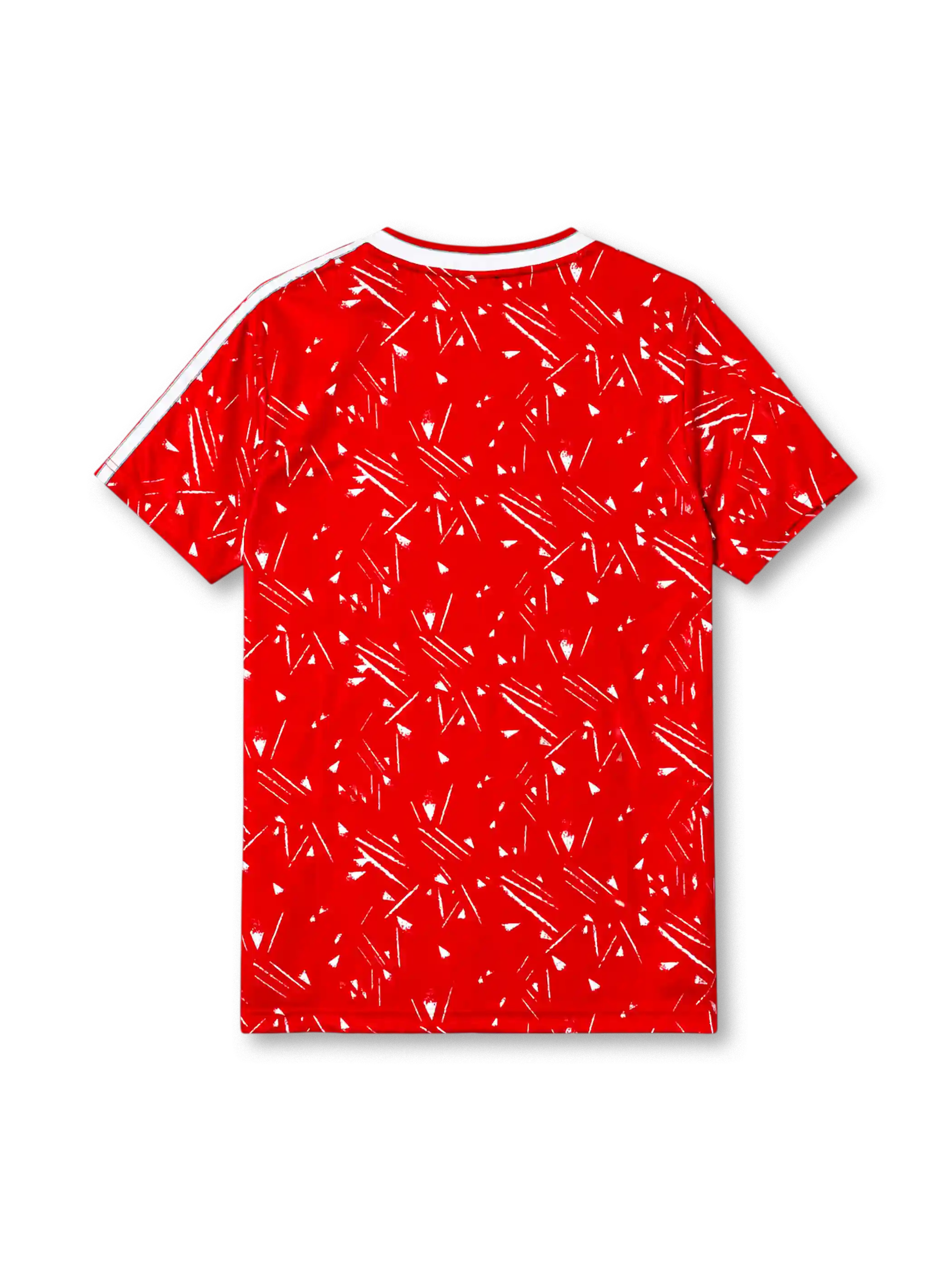Liverpool 1989-91 home jersey, front view, red body with white splatter and triangle print, white V-neck collar, adidas three-stripe shoulder detailing, adidas trefoil logo, club crest, Candy sponsor logo