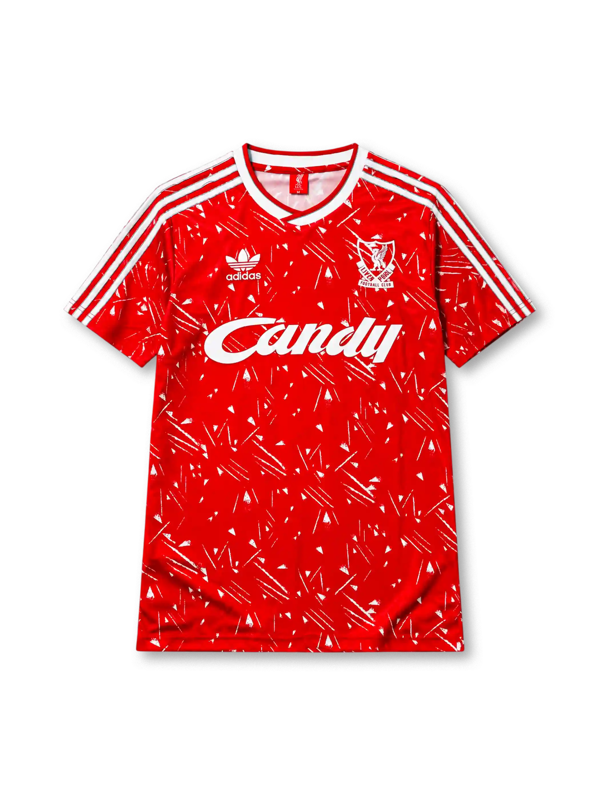 Liverpool 1989-91 home jersey, front view, red body with white splatter and triangle print, white V-neck collar, adidas three-stripe shoulder detailing, adidas trefoil logo, club crest, Candy sponsor logo