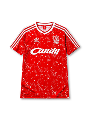 Liverpool 1989-91 home jersey, front view, red body with white splatter and triangle print, white V-neck collar, adidas three-stripe shoulder detailing, adidas trefoil logo, club crest, Candy sponsor logo