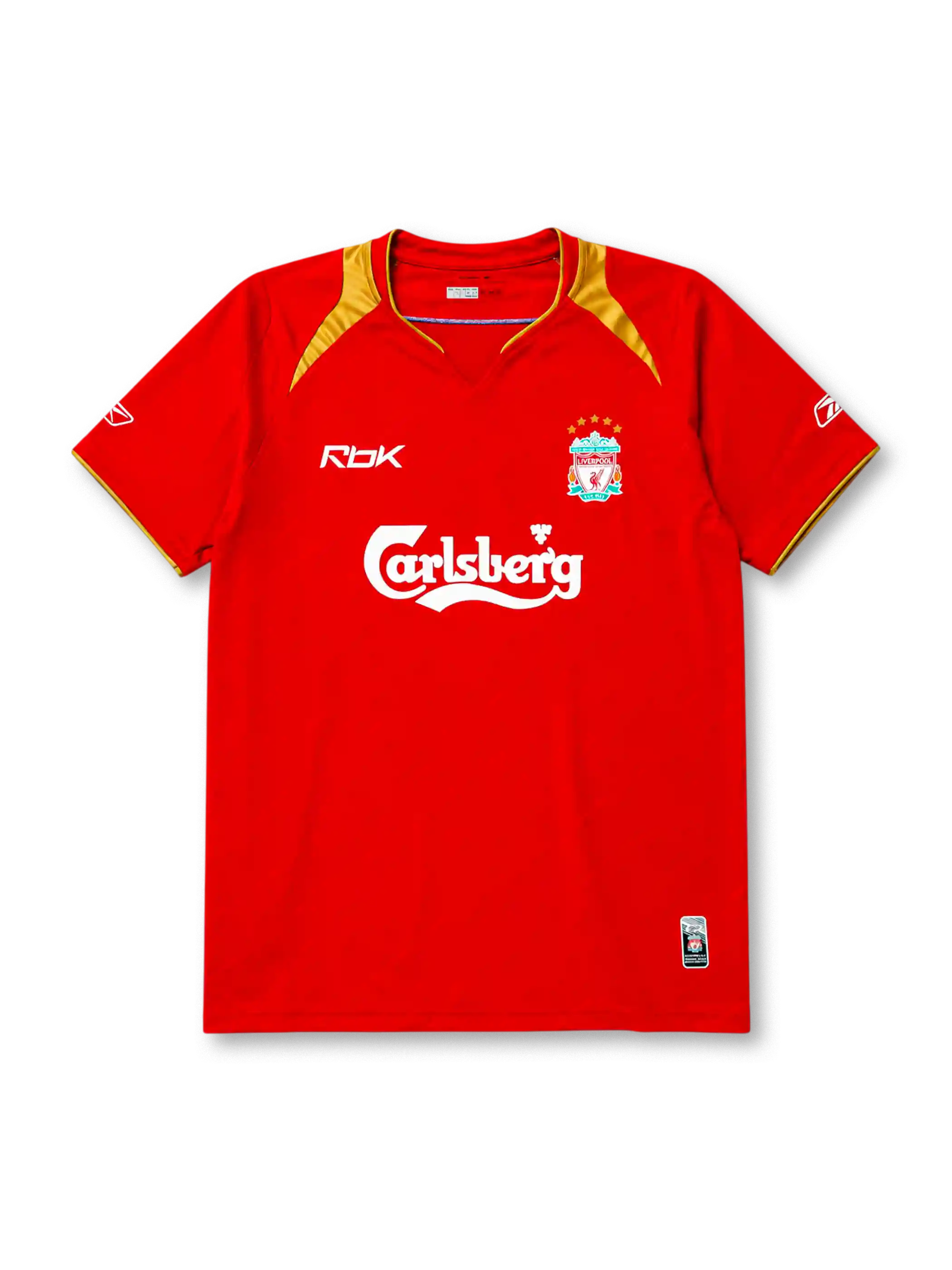 Liverpool 2005-06 home jersey, front view, red body with gold shoulder panels and collar trim, V-neck collar, white Reebok logo, Liverpool crest with five stars, Carlsberg sponsor logo, small winner's patch near bottom hem