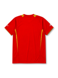 Liverpool 2005-06 home jersey, front view, red body with gold shoulder panels and collar trim, V-neck collar, white Reebok logo, Liverpool crest with five stars, Carlsberg sponsor logo, small winner's patch near bottom hem