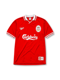Liverpool 1996-97 home jersey, front view, red body, white polo-style collar with red and white stripe trim, white ribbed cuffs, white Reebok logo, oval red and white Liverpool crest, white Carlsberg sponsor logo, woven tag near bottom hem