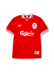 Liverpool 1996-97 home jersey, front view, red body, white polo-style collar with red and white stripe trim, white ribbed cuffs, white Reebok logo, oval red and white Liverpool crest, white Carlsberg sponsor logo, woven tag near bottom hem
