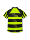 Celtic 1996-97 away jersey, front view, neon-yellow and black hooped design, black polo-style collar, diagonal striped raglan sleeves, white Umbro logo, Celtic shield crest with shamrock, white CR Smith sponsor logo, Celtic F.C. text near hem
