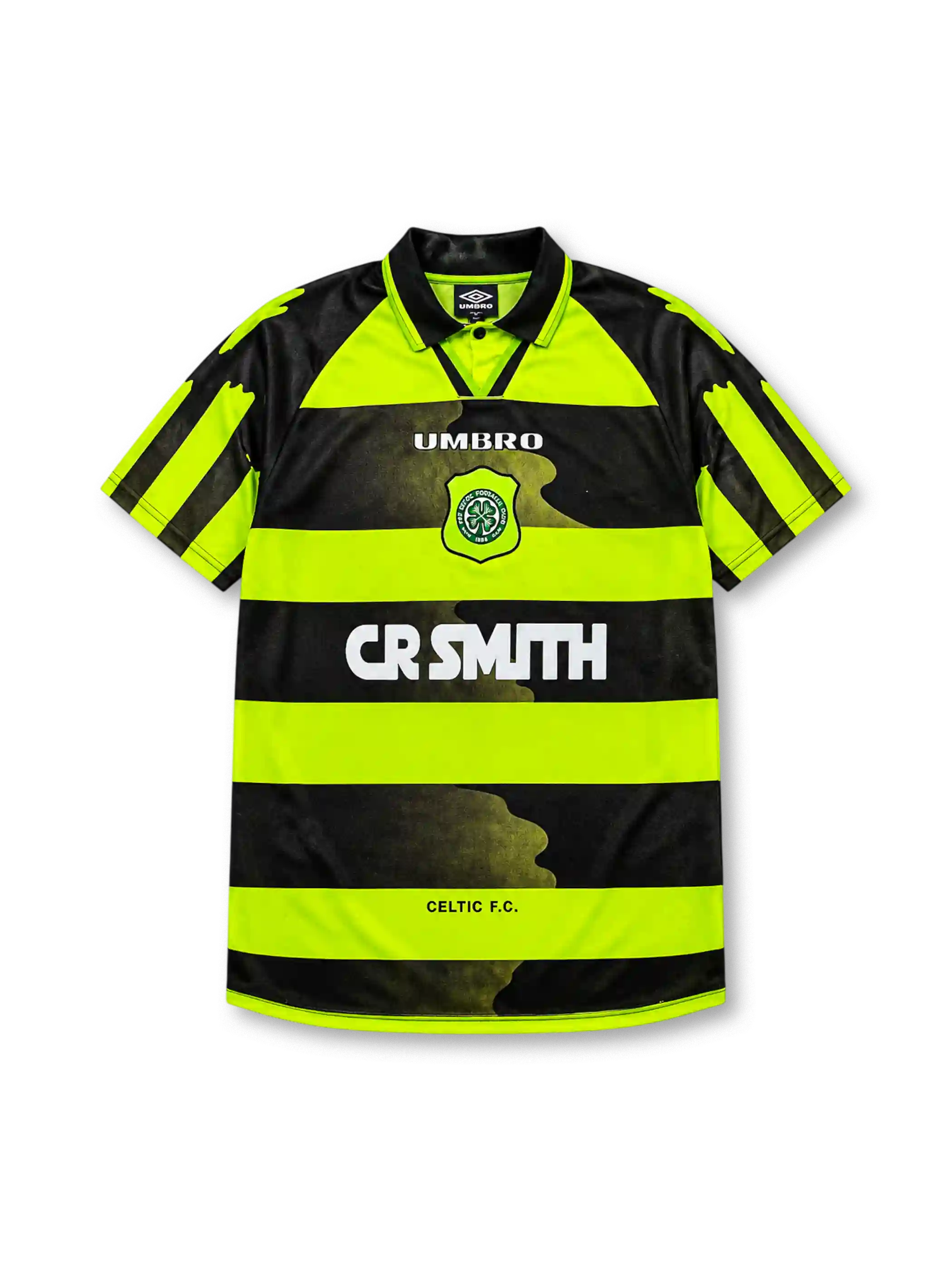 Celtic 1996-97 away jersey, front view, neon-yellow and black hooped design, black polo-style collar, diagonal striped raglan sleeves, white Umbro logo, Celtic shield crest with shamrock, white CR Smith sponsor logo, Celtic F.C. text near hem