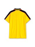 Scotland 1996-98 away jersey, front view, bright yellow body with black raglan sleeve panels, red and yellow piping trim, black polo-style collar, black Umbro logo, Scottish Football Association crest with red lion, tonal jacquard pattern, S.F.A. tab near hem