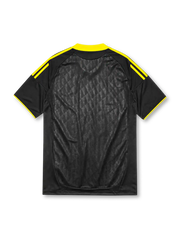 Liverpool 2010-11 away jersey, front view, black body with tonal diamond pattern, yellow adidas three-stripe shoulder detailing, yellow crew neck collar, adidas logo, club crest, Standard Chartered sponsor logo, TechFit label