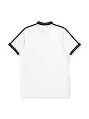 Bayern Munich 1996-98 away jersey, front view, white body with blue and red vertical stripe, black adidas three-stripe shoulder detailing, V-neck collar, adidas logo, club crest, Opel sponsor logo