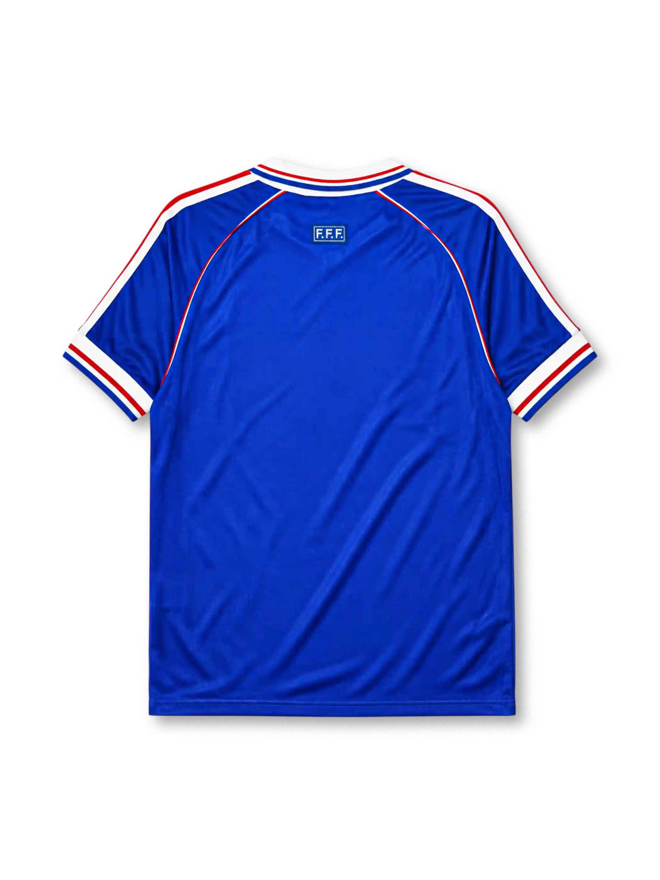 France 1998 home jersey, front view, blue body with red band and white chest stripes, white adidas three-stripe shoulder detailing, point collar, adidas logo, rooster crest with gold star