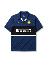 Inter Milan 1998-99 third jersey, front view, navy body with black and white central band, point collar, Nike swoosh logo, club crest with gold star, Pirelli sponsor logo